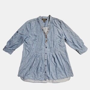 Style & Co. Petite Rhinestones Yoke Chambray Tunic Blouse PL Bejeweled Statement